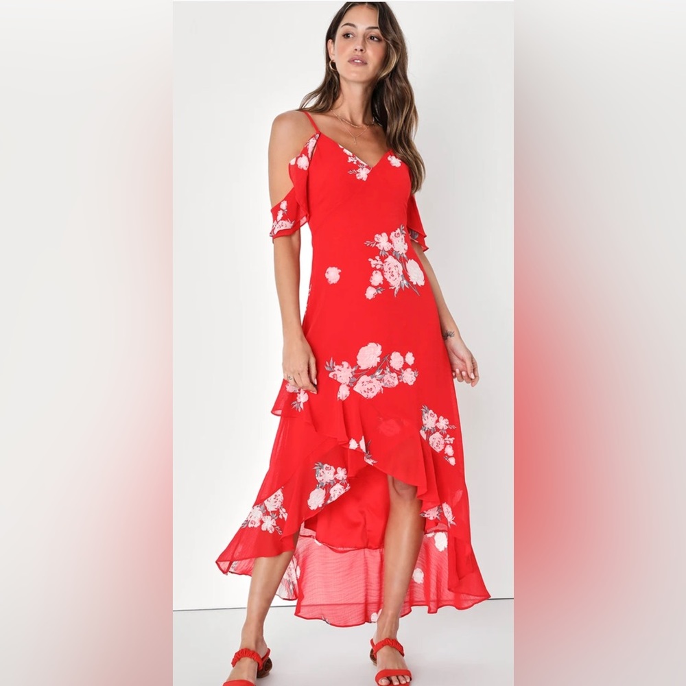 Red Floral Print Off-the-Shoulder High-Low Dress - New with tags